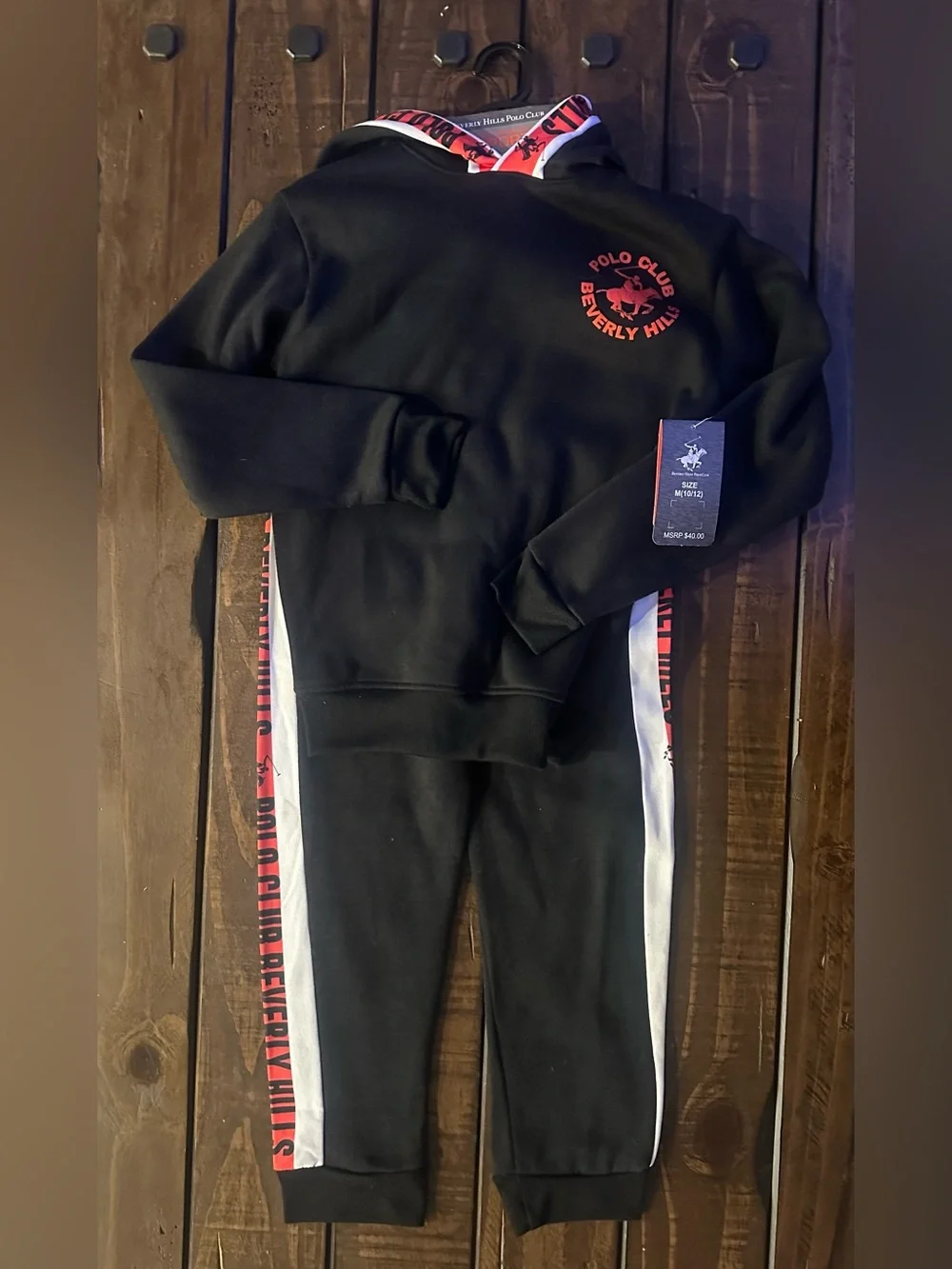 Beverly Hills Polo Club Kids Black Hoodie & Jogger Set with Red & White Stripes